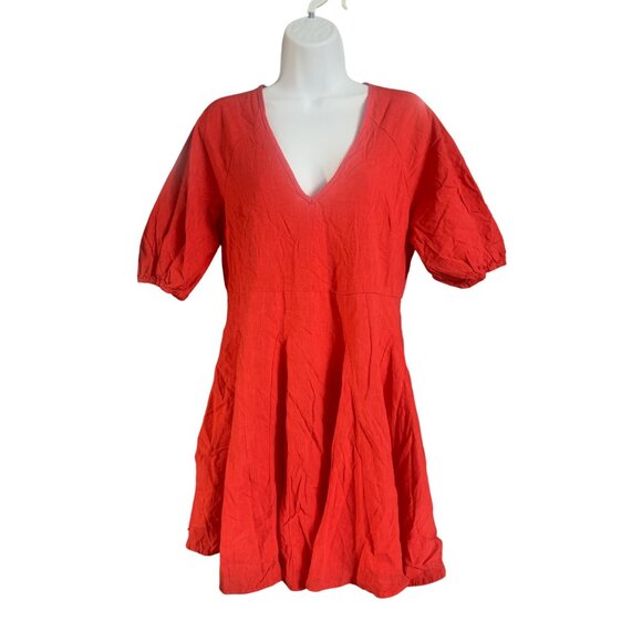 Universal Thread Womens Red V-Neck Puff Sleeve A-Line Dress Side Pockets Small - Picture 1 of 13